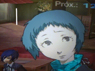 a girl with blue hair is in front of a sign that says prox