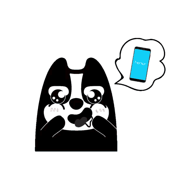 a black and white cartoon dog is crying and thinking about a honor phone