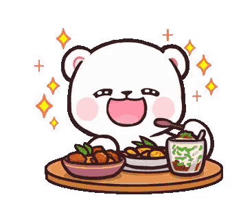 a cartoon bear is sitting at a table eating food with hearts around him .