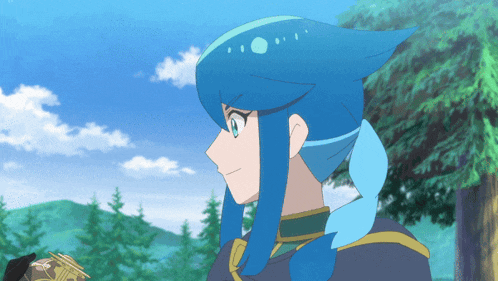 a blue haired anime character stands in front of trees