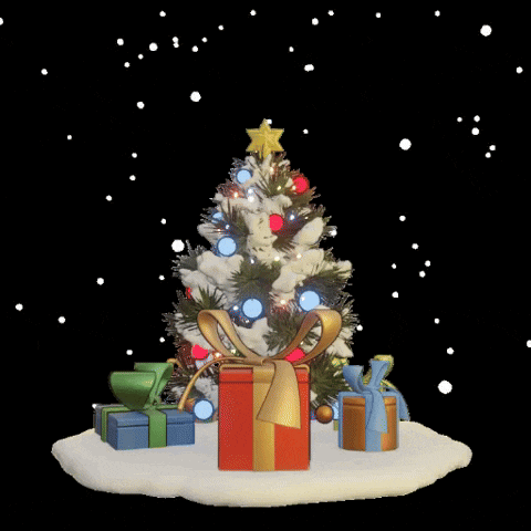 a christmas tree with gifts underneath it and snow falling
