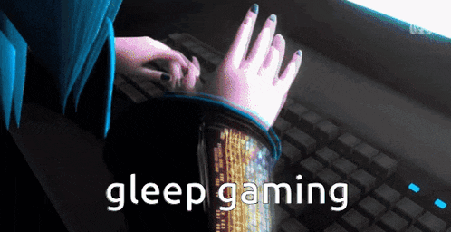 a person is typing on a computer keyboard with the words gleep gaming written below them