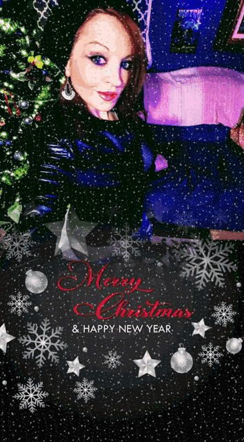 a picture of a woman with the words merry christmas and happy new year on it