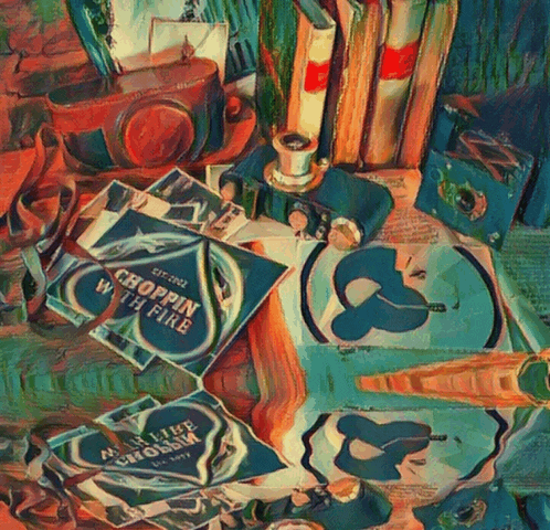 a painting of choppin ' with fire among other things