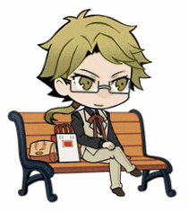 a cartoon character is sitting on a bench with a bag on it