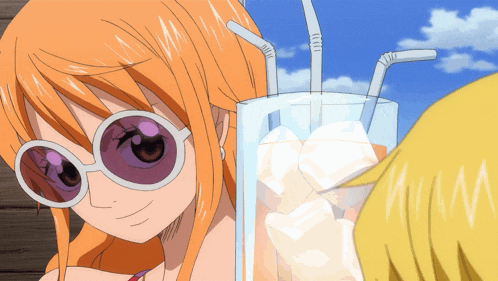 a girl wearing sunglasses is standing next to a glass of ice