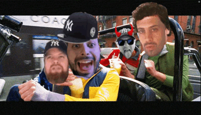 a man wearing a new york yankees hat is surrounded by other men