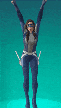 a woman in a blue and silver superhero costume is standing in front of a blue background