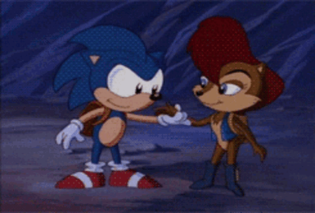 a cartoon of sonic the hedgehog and sally the hedgehog shaking hands