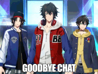 three anime characters are standing next to each other with the words goodbye chat written on the bottom .
