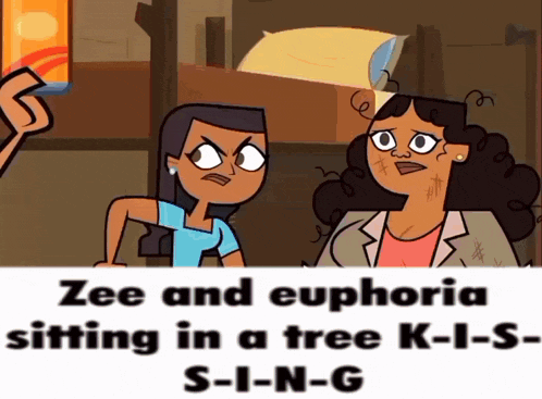a cartoon of zee and euphoria sitting in a tree k-i-s s-i-n-g