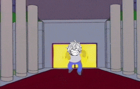 a cartoon character is standing in a room with columns and a yellow door .