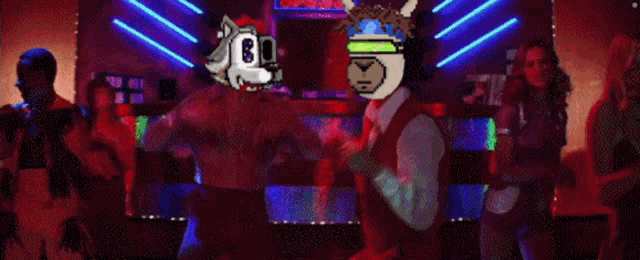 a man and a dog are dancing at a disco
