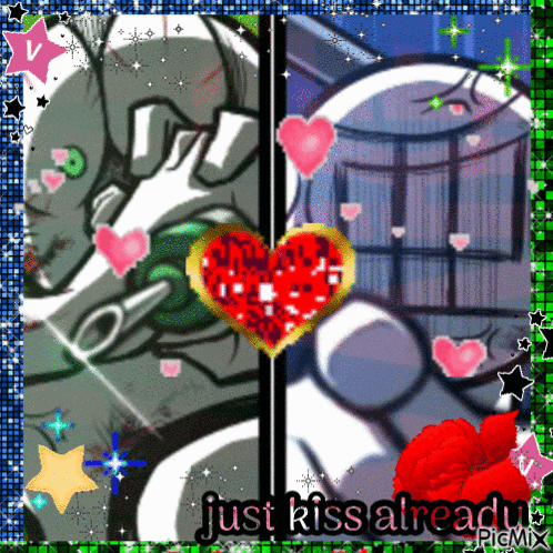 a picture of two cartoon characters with the words just kiss already