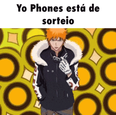 a cartoon character holding a cell phone with the words yo phones esta de sorteio above him