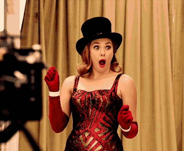 a woman wearing a top hat and red gloves looks surprised