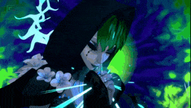 a woman with green hair is wearing a black hood and flowers around her neck .