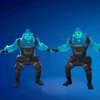 a couple of cartoon characters standing next to each other with a blue background
