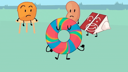 a colorful donut with arms and legs is surrounded by other objects