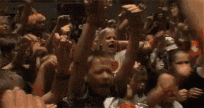 a crowd of people with their hands in the air at a concert .
