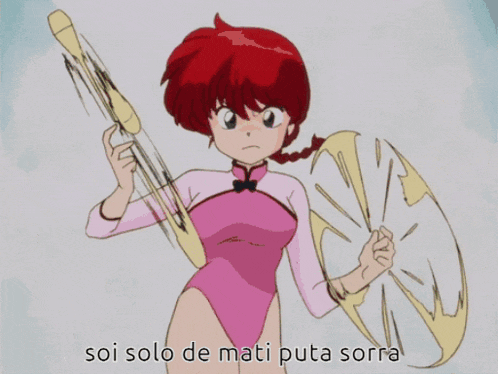 a girl in a pink leotard is holding a fan with the words " soi solo de mati puta sorra " written below her