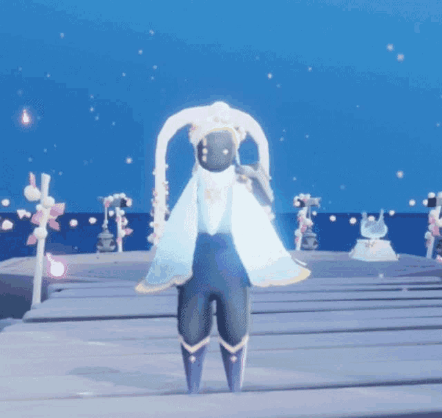 a person is standing on a dock in a video game with a blue sky in the background .