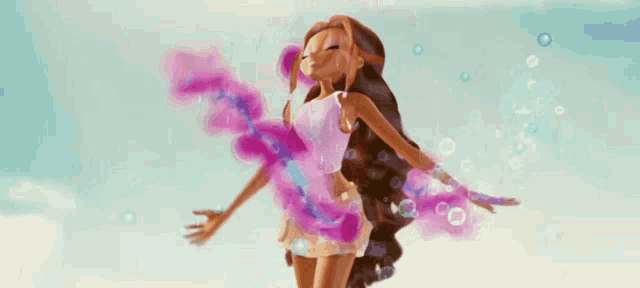 a cartoon girl is surrounded by bubbles and purple smoke