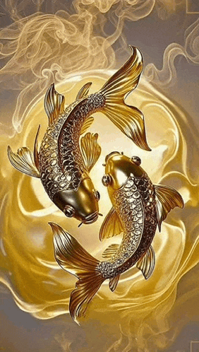 two gold and black fish are swimming in a circle on a gold background .