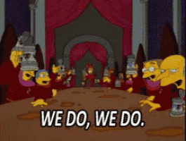 a group of cartoon characters standing around a table with the words we do we do written on it