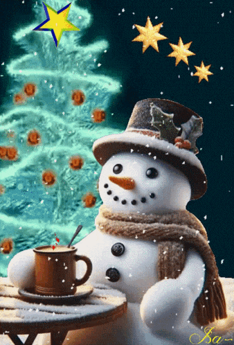 a snowman is sitting at a table with a cup of coffee