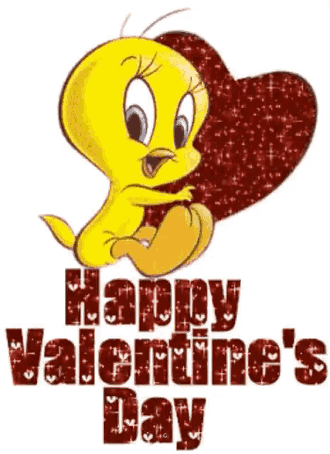 a tweety bird holding a red heart with the words happy valentine 's day written below it