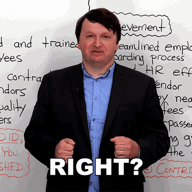a man in a suit stands in front of a white board with the words right written on it