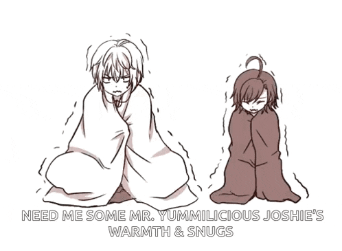 a drawing of two people wrapped in blankets with the caption need me some mr. yummilicious joshie 's