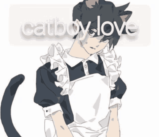 a drawing of a cat boy in a maid outfit with the words catboy love written above him