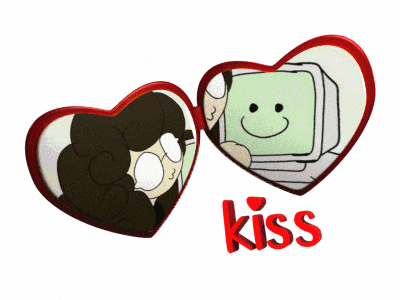 a heart shaped mirror with a cartoon character and the word kiss