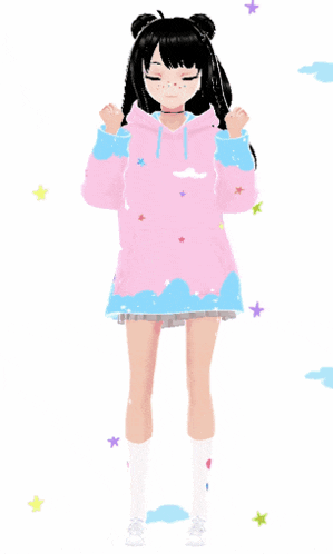a girl with black hair is wearing a pink hoodie and white socks