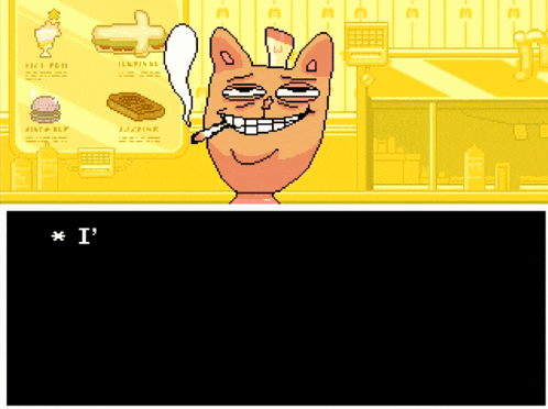 a cartoon cat is smoking a cigarette in front of a menu that says hot dogs