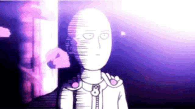 a cartoon of a man standing in front of a door with a purple light behind him .