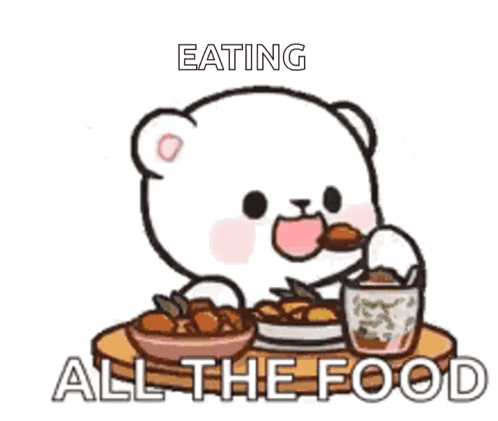 a cartoon of a bear eating all the food with hearts around him .