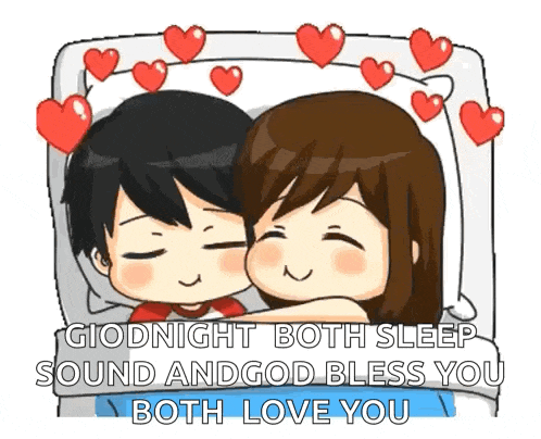 a cartoon of a boy and a girl hugging each other in bed with hearts around them .