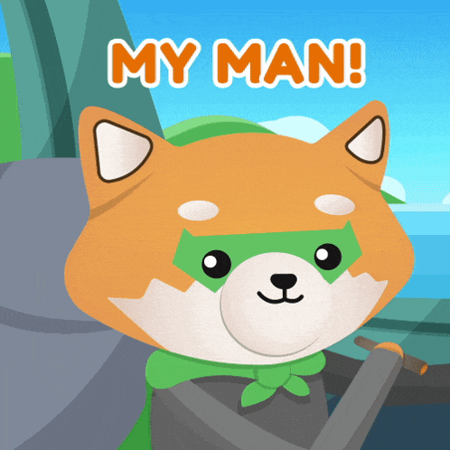 a cartoon of a shiba inu wearing a green cape with the words my man below it
