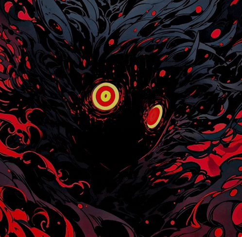 a drawing of a monster with red eyes and a yellow circle in the center
