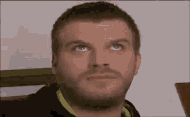 a man with a beard is looking at the camera while wearing a black jacket and a green shirt .