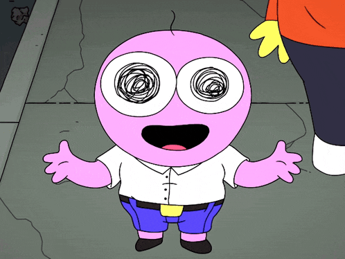 a cartoon character with a swirl in his eyes is wearing a white shirt and blue shorts