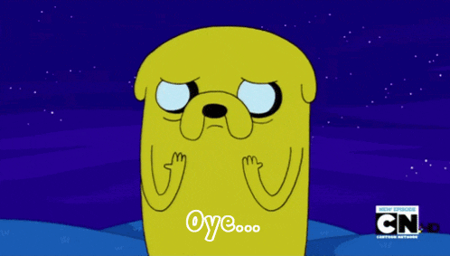 a cartoon character says " oyeeee " in white letters