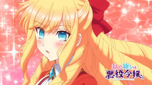 a girl with blonde hair and blue eyes has a red bow