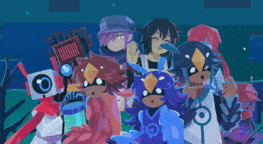 a group of cartoon characters are standing next to each other and one of them has the letter o on it