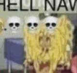 a group of spongebob squarepants sitting next to each other with skulls on them .