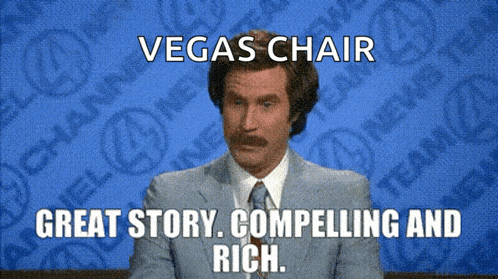 a man in a suit and tie is talking about vegas chair great story compelling and rich
