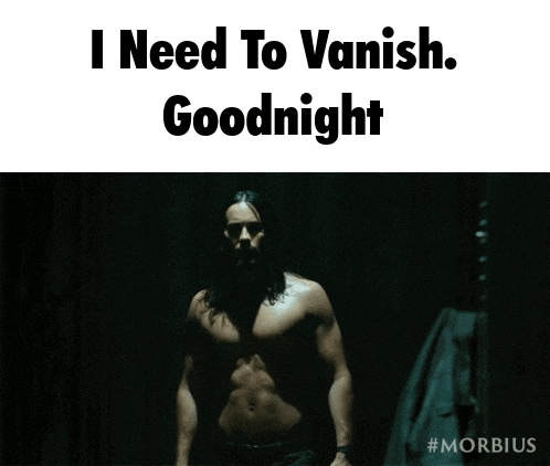 a shirtless man stands in a dark room with the words " i need to vanish goodnight " below him